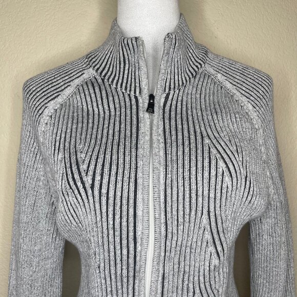 INC Women's Grey 100% Cotton Quilted Ribbed Mock Neck Zip Sweater Jacket Sz L - Picture 2 of 11